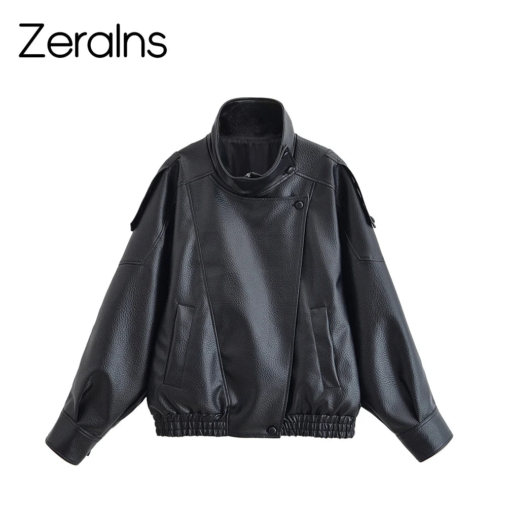 ZERAINS Autumn new women's clothing European and American fashion loose imitation leather long sleeved stand up collar jacket