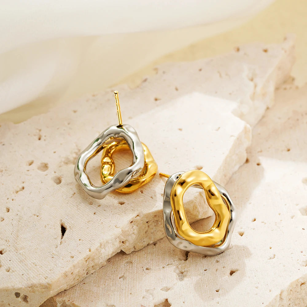 Two-wear Irregular Gold Sliver Colors Circles Bilayer Piercing Post Earring for Women Bicolor Hammered Texture Geometric Jewelry