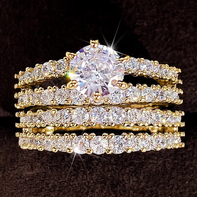 Huitan Trendy Hollow Set Rings Full Bling Iced Out CZ Stone Luxury Women Wedding Engagement Rings 2Pcs Set Jewelry Drop Shipping