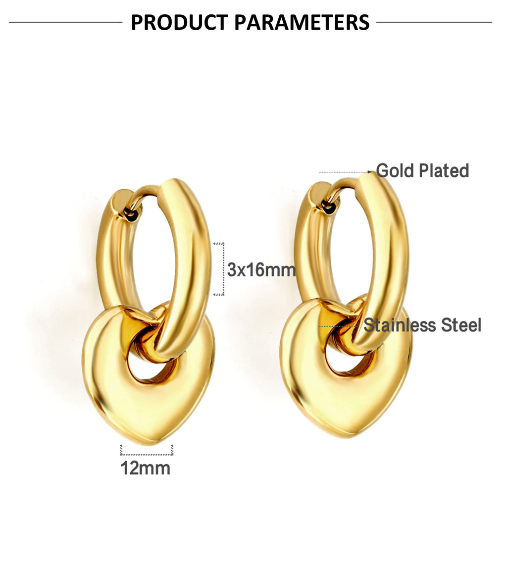 LUXUSTEEL Heart Pendant Huggie Earrings For Women Golden Plated Stainless Steel Hoops With Charm Drop Earrings Korea Jewelry