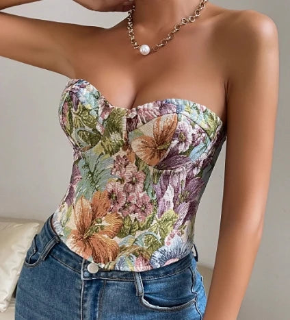 Hotsweet Sleeveless Sexy Strapless Backless Fashion Oil Painting Print Slim Short Tank Top Streetwear High Street Women Clothing