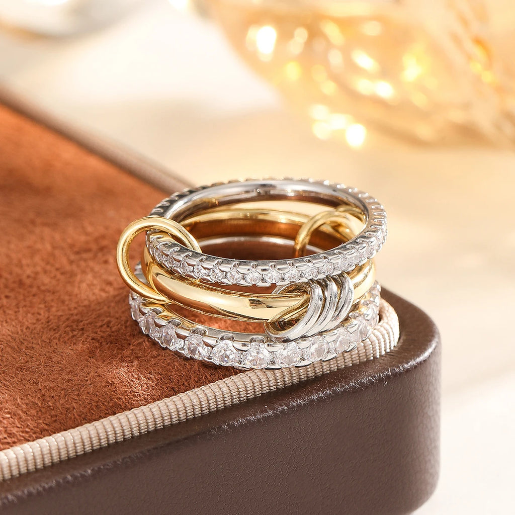A Niche Two-Color Four-Ring Copper Jewelry Ring, Hypoallergenic, Ins Style, Stacking Artifact, Suitable For Young Women
