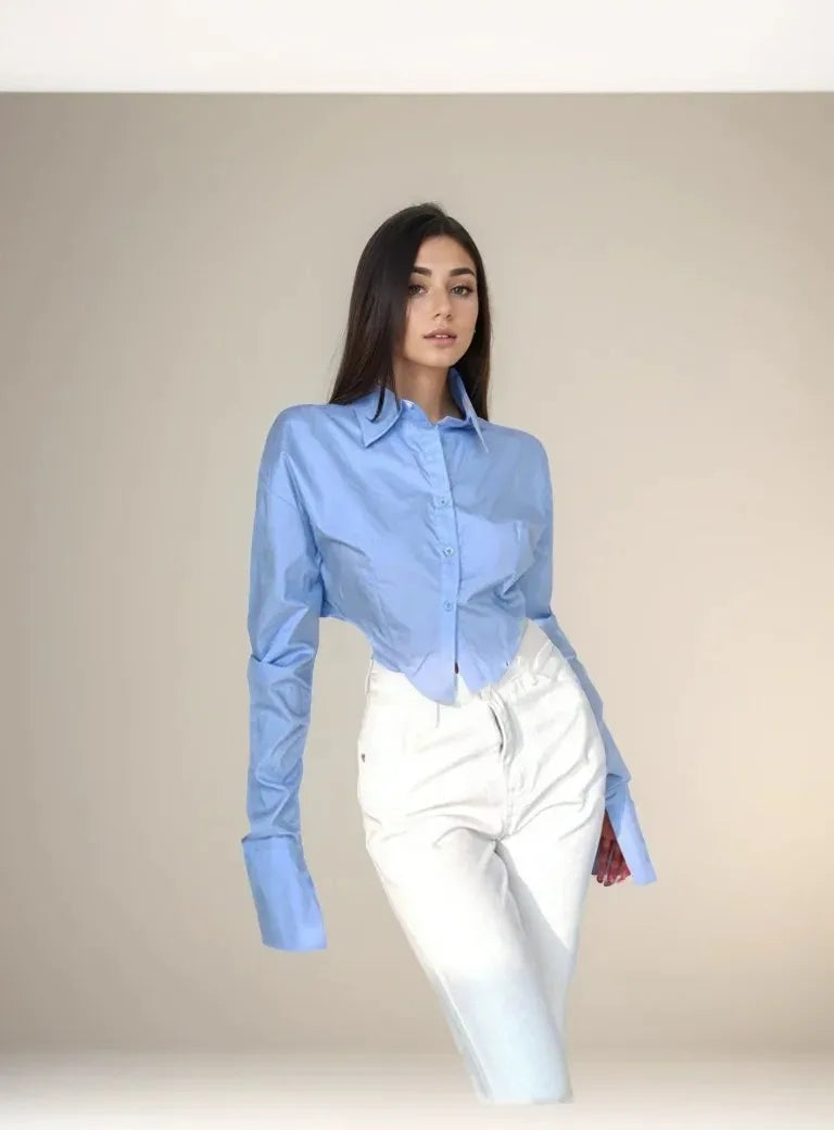 Zadily Summer 2025 Korean Style Long Sleeve White Shirt Sexy Button Detail Crop Top Women's Streetwear Blouse Female Clothing