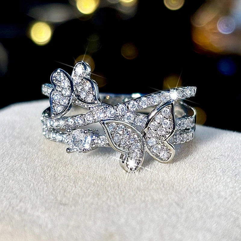 Huitan Romantic Rings with Double Butterfly Shiny Cubic Zirconia Finger Accessories Sweet Exquisite Graceful Jewelry for Wedding
