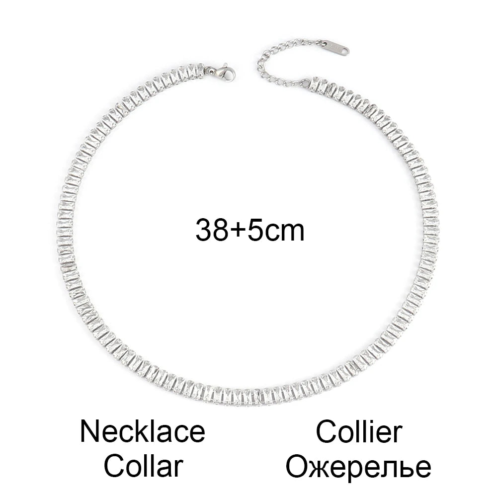 Stainless Steel Necklace Shiny Crystal White Green Cubic Zircon Choker Necklaces For Women Tennis Chain Necklace Jewelry Gift