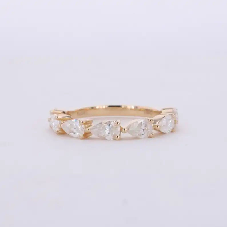 14K Yellow Gold 7 Stone Ring Pear Cut Lab Grown Diamond Anniversary Half Band Ring Promise Bridal Fine Gift For Wedding Jewelry