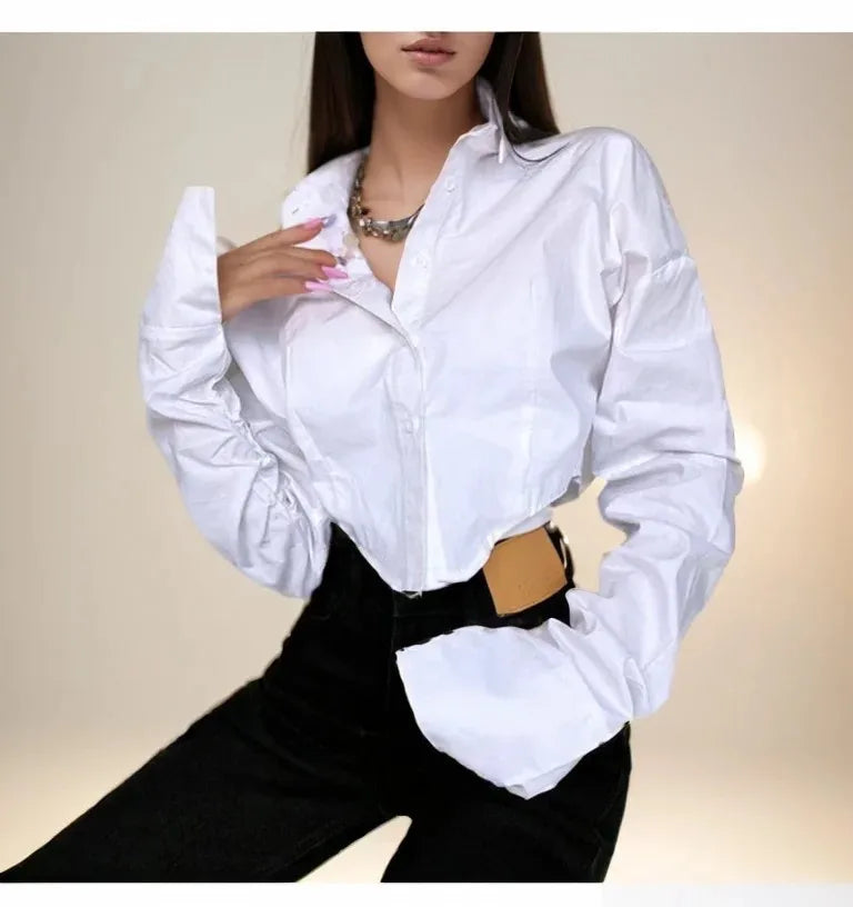 Zadily Summer 2025 Korean Style Long Sleeve White Shirt Sexy Button Detail Crop Top Women's Streetwear Blouse Female Clothing