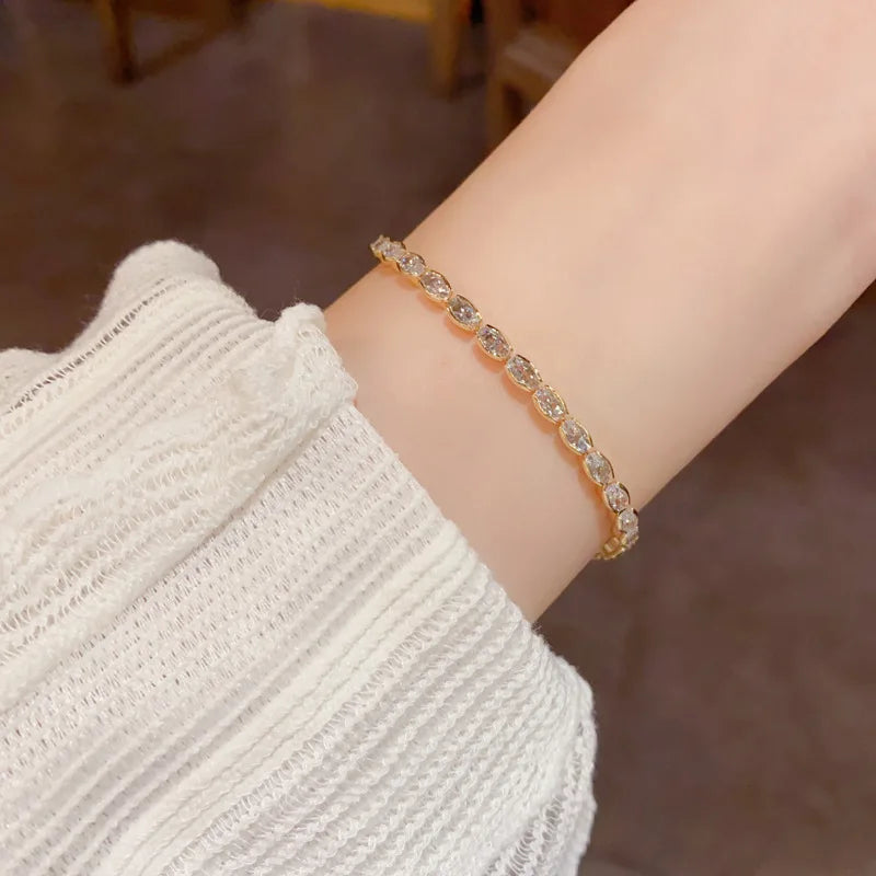 Dainty Oval Zircon Link Chain Bracelet Women Real Gold Plating Sparkling Minimalist Fashion Jewelry Wedding Party Accessory 1750