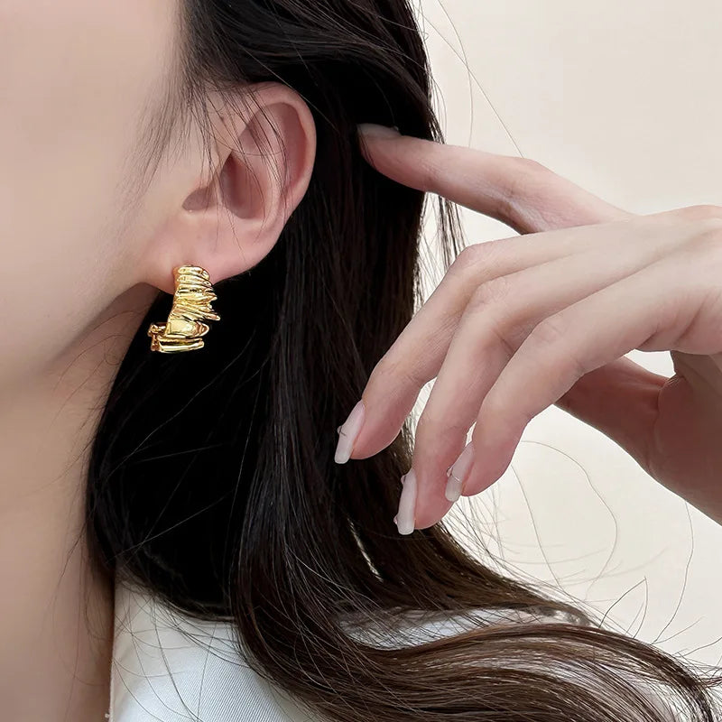 Metal Huggie Earrings Crinkle Molten Irregular Hoop Geometric Gold Silver Alloy Minimalist Women Small Jewelry Wear Gift Party
