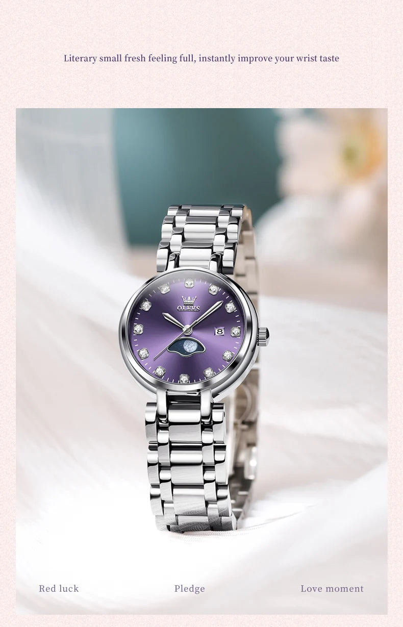 OLEVS Diamond Time Purple Moon Phase Dial Women Watches Luxury Brand New Fashion Women Quartz Watch Steel Waterproof Dress Watch