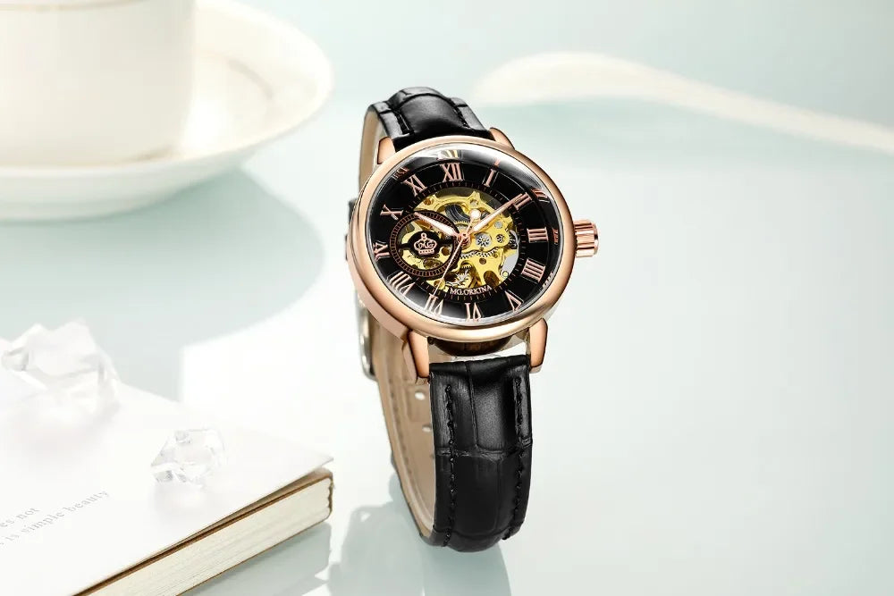 ORKINA Luxury Brand Skeleton Design Waterproof Automatic Mechanical Stainless Steel Mesh Strap Rose Gold Wrist Watch for Women