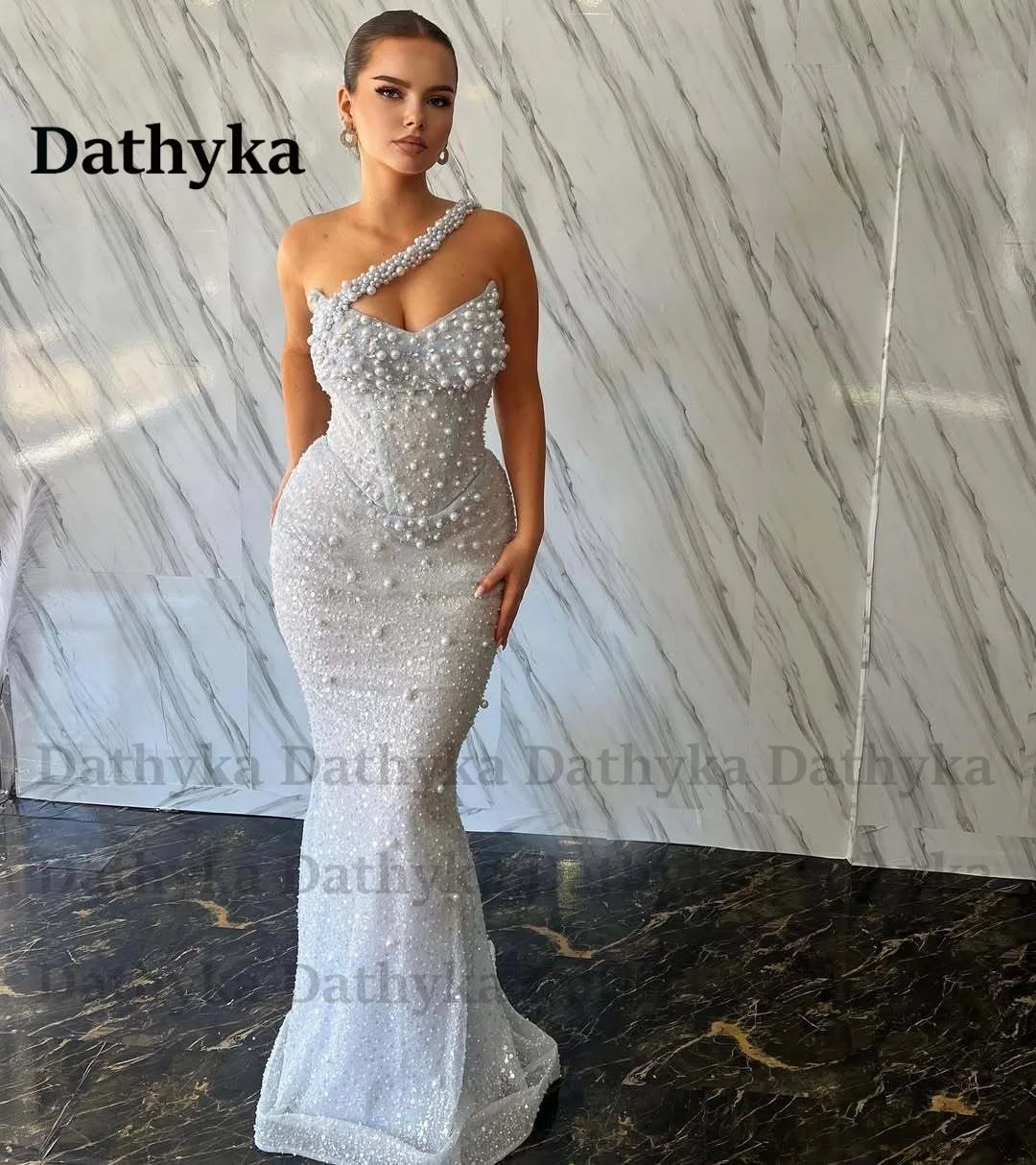 Dathyka Attractive Beads Formal Evening Dress  Bling Tulle One Shoulder Trumpet Sweep Train Vestidos De Gala Customized