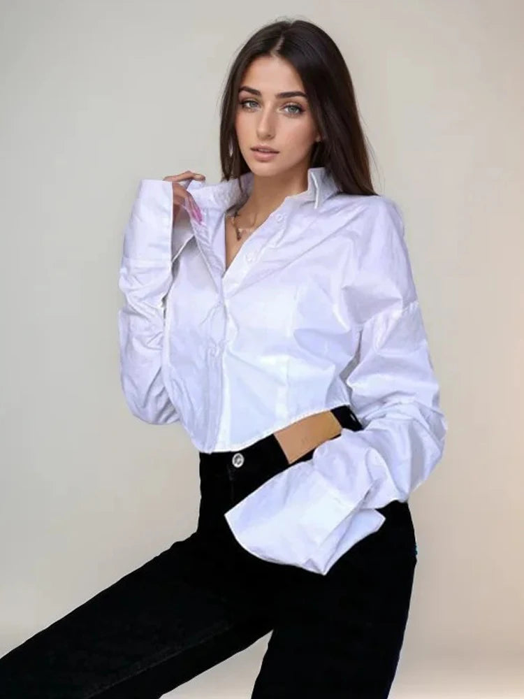 Zadily Summer 2025 Korean Style Long Sleeve White Shirt Sexy Button Detail Crop Top Women's Streetwear Blouse Female Clothing