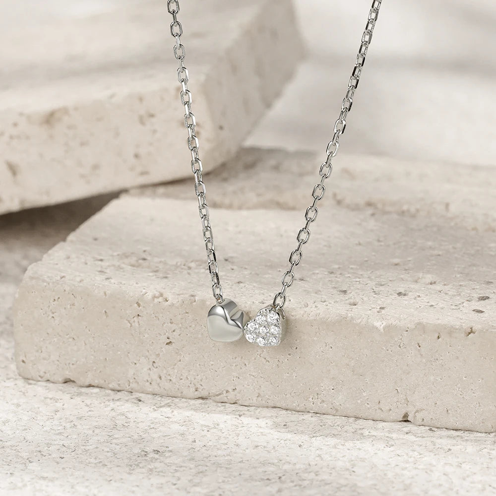 CANNER Double Heart Clavicle Chain for Women Necklaces Fashion S925 Sterling Silver Round White Zircon Pendant Necklace Jewelry
