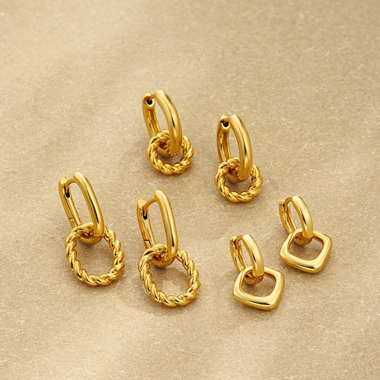 Dainty Golden Double Twist Round Hoop Pendant Earrings Retro Stainless Steel Geometric Circle Small Earring Fashion Jewelry Gift