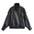 ZERAINS Autumn new women's clothing European and American fashion loose imitation leather long sleeved stand up collar jacket