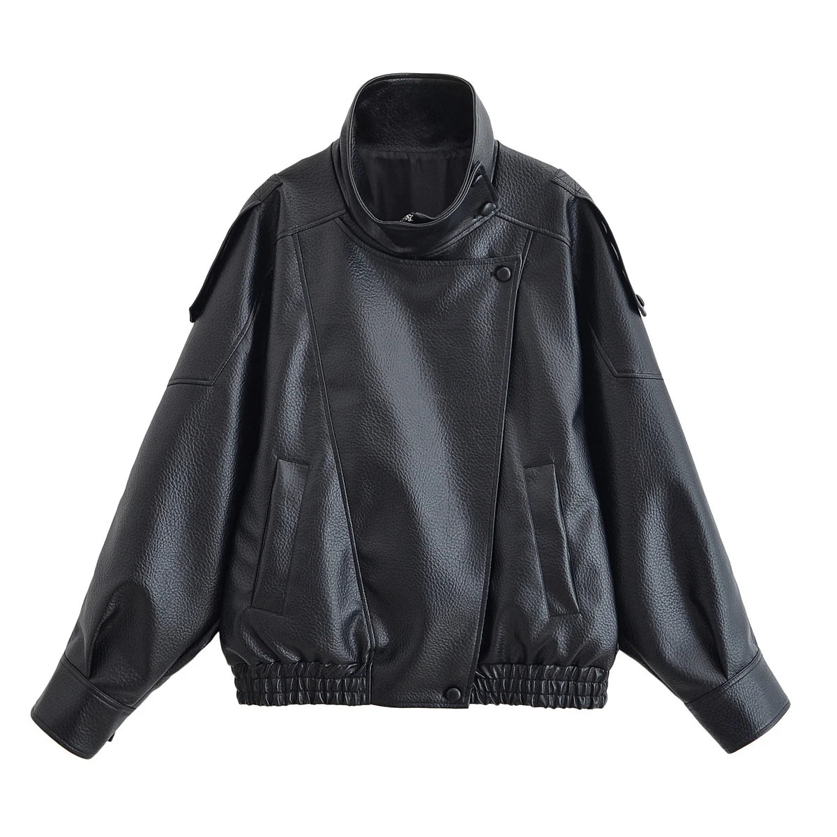 ZERAINS Autumn new women's clothing European and American fashion loose imitation leather long sleeved stand up collar jacket
