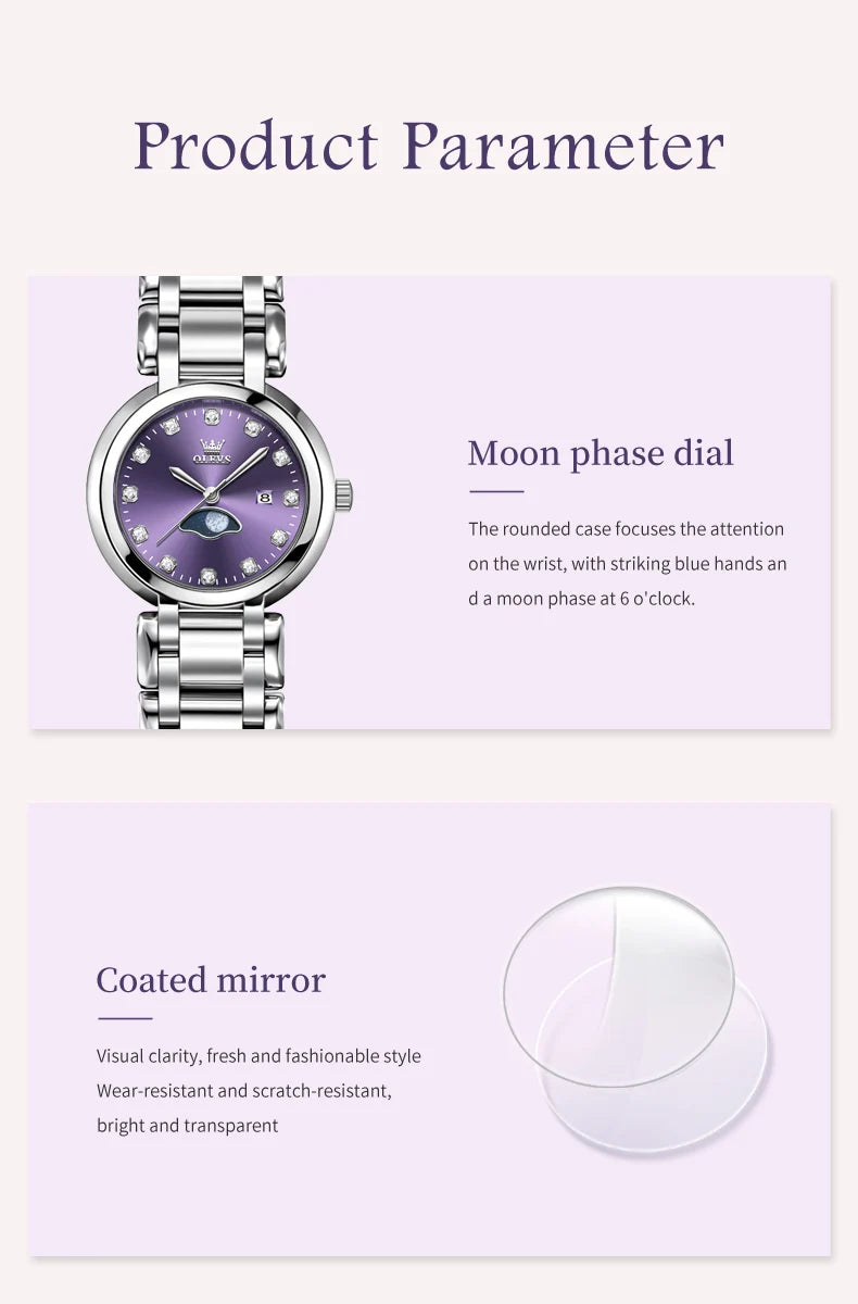 OLEVS Diamond Time Purple Moon Phase Dial Women Watches Luxury Brand New Fashion Women Quartz Watch Steel Waterproof Dress Watch