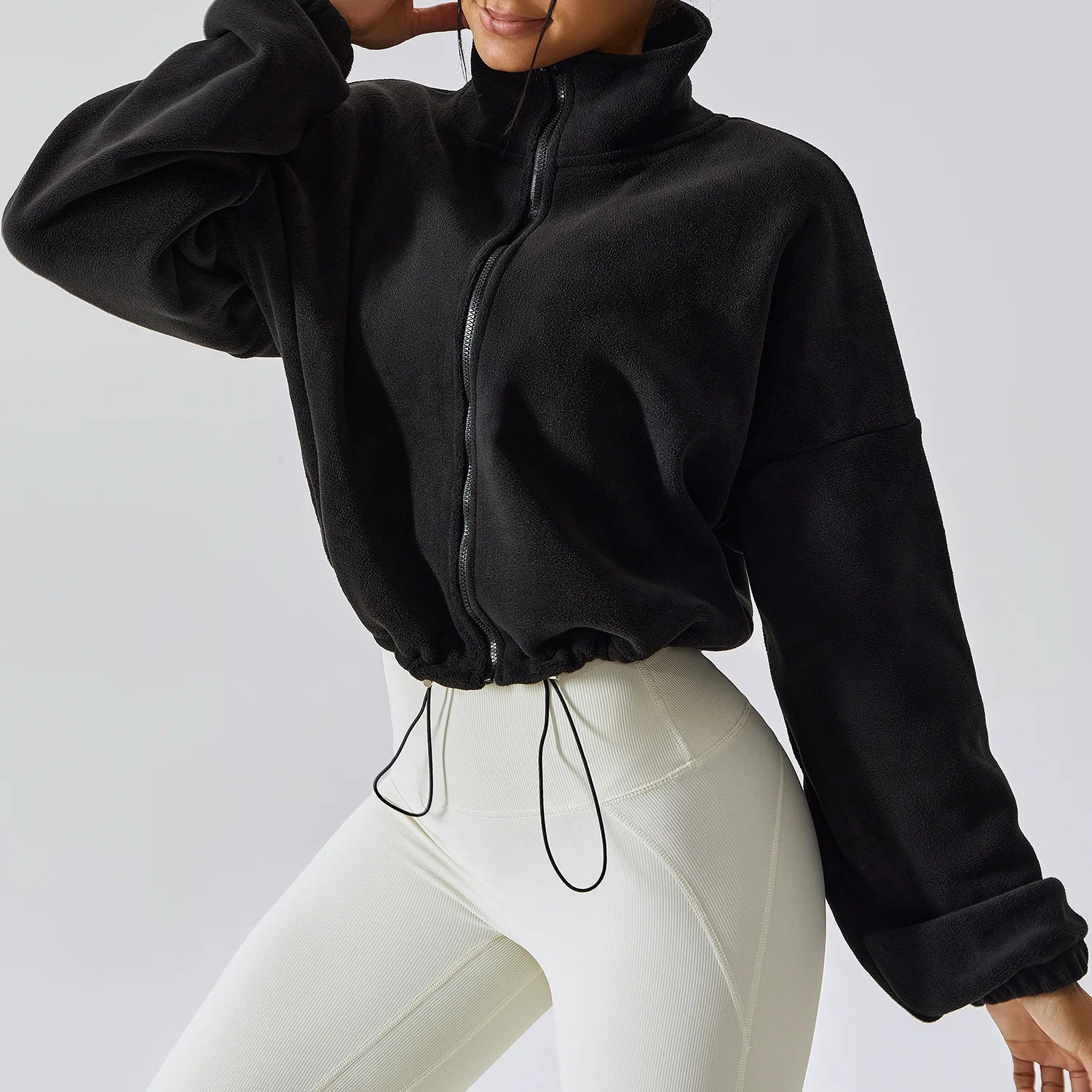 Women's Polar Fleece Zip Hoodie Athletic Loose Fit Crop Top w/ Stand Collar, Thumb Holes & Drawstring Hem for Fall Winter