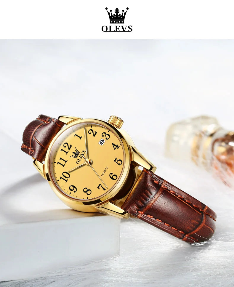 OLEVS 5566 Fashion Quartz Watch for Men and Women Leather Strap Waterproof Original Watch Arabic Numeral Scale Giving to Elders