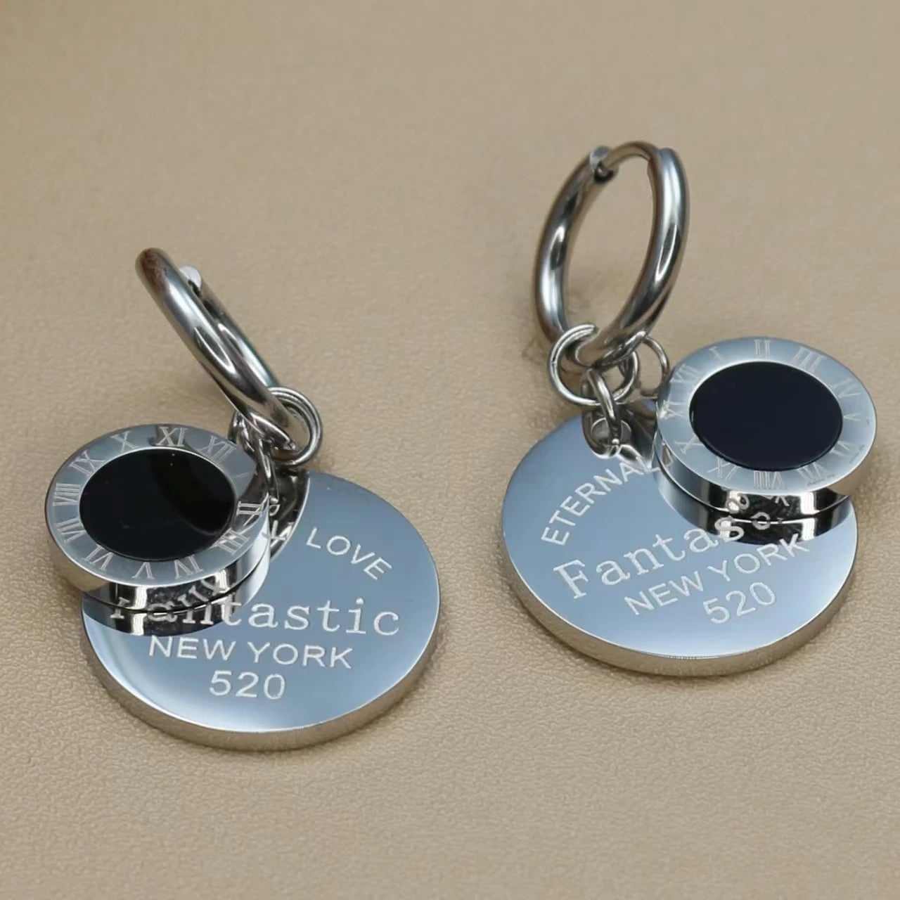 XE-193 New Roman Numeral Medallion Design FOREVER LOVE Stainless Steel Ladies' Jewellery Earrings Gift Wholesale