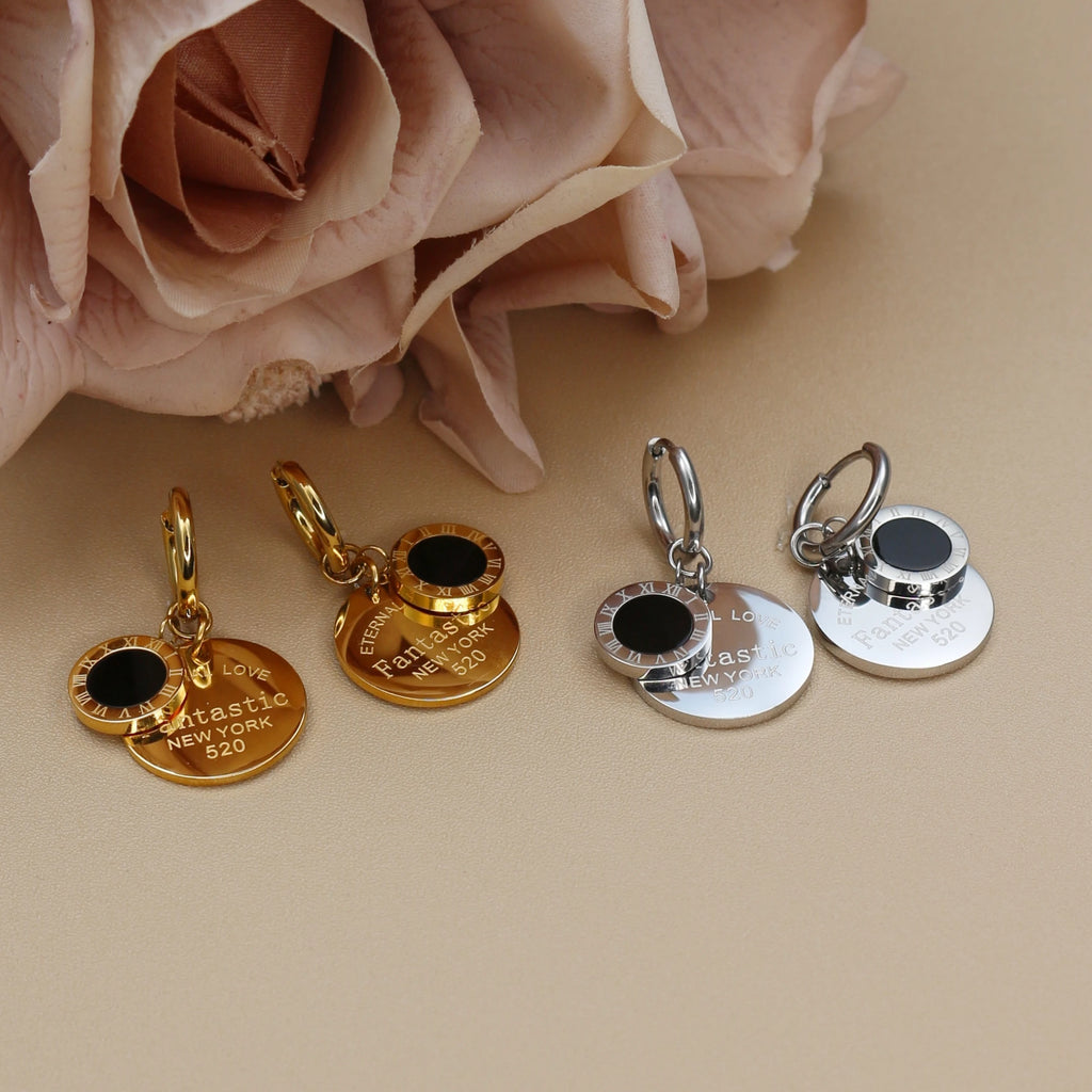 XE-193 New Roman Numeral Medallion Design FOREVER LOVE Stainless Steel Ladies' Jewellery Earrings Gift Wholesale
