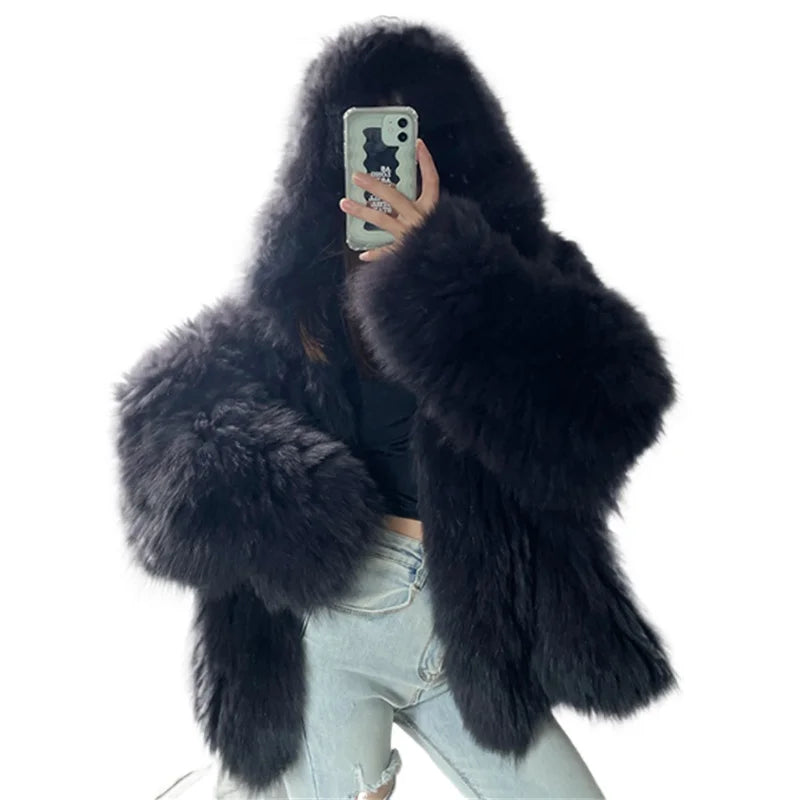 ZXRYXGS Elegant Temperament Hooded Coat Women's Clothing Imitation Fox Fur Coat 2025 New Autumn Winter Jackets Black White