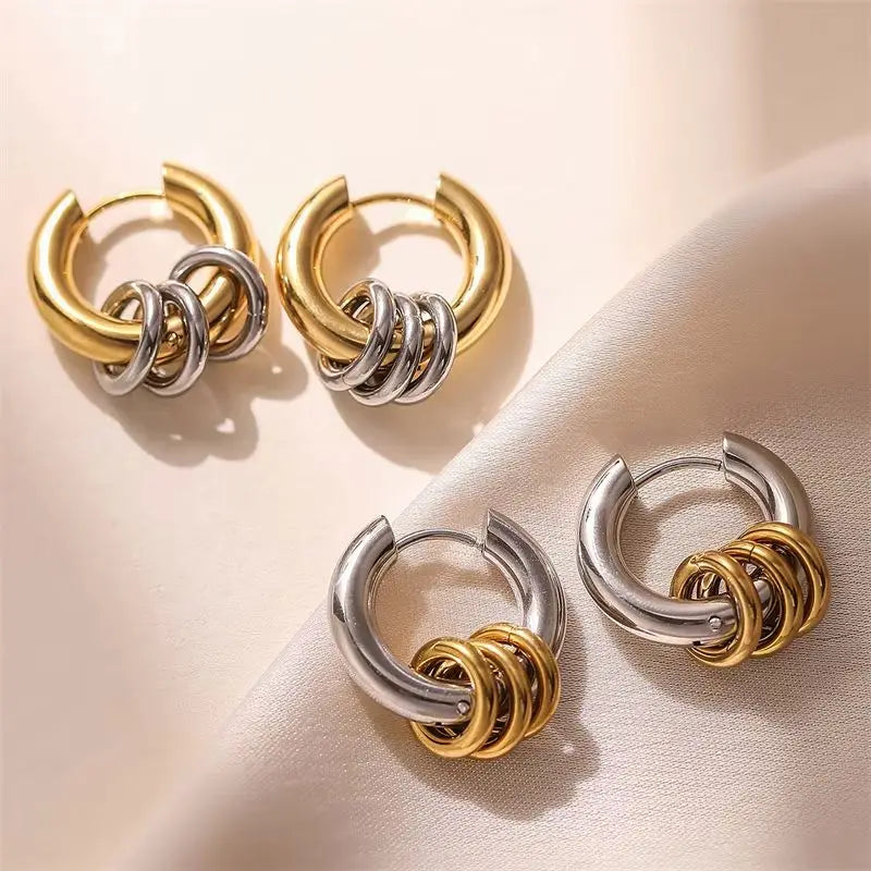 Stainless Steel Three Ring Huggie Earrings for Women Gold Plated Metal Geometric Round Circle Hoop Earrings Minimalist Jewelry