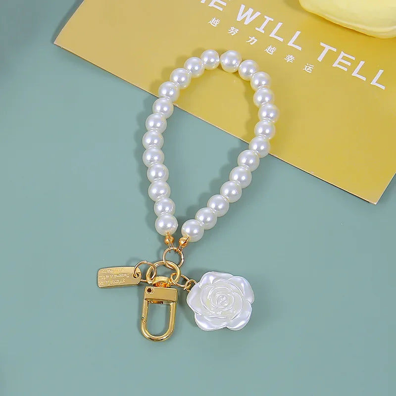 Lovely Beaded Bowknot Keychains Elegant Pearl Chain Pendant Women Bag Charms Hanging Ornament DIY Headphone Case Accessories