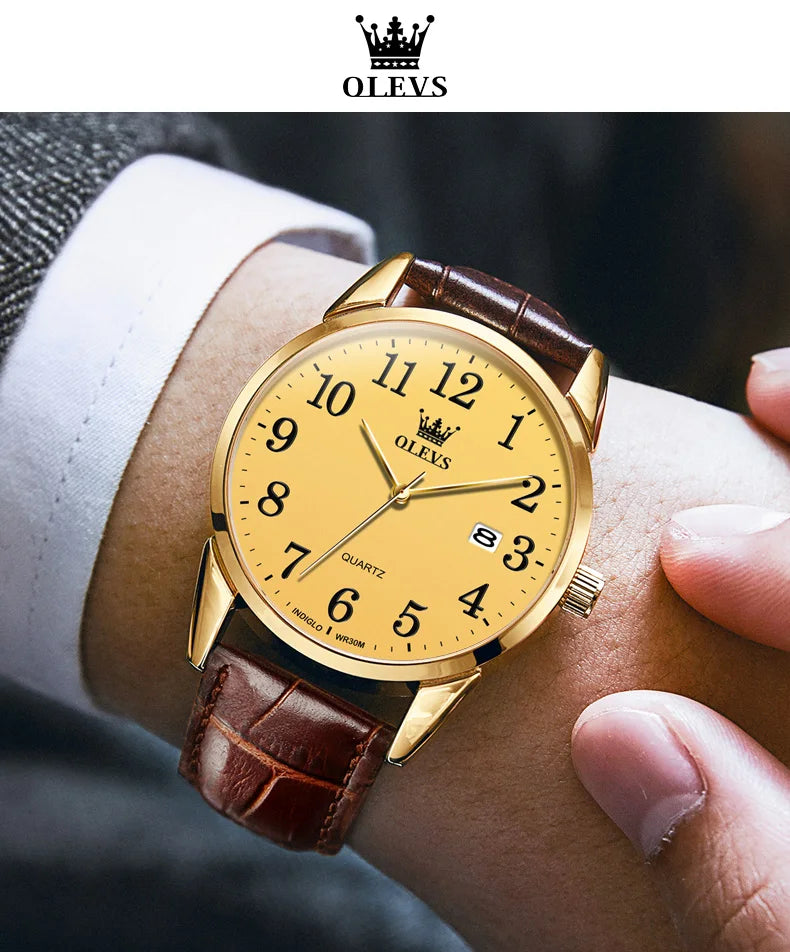 OLEVS 5566 Fashion Quartz Watch for Men and Women Leather Strap Waterproof Original Watch Arabic Numeral Scale Giving to Elders