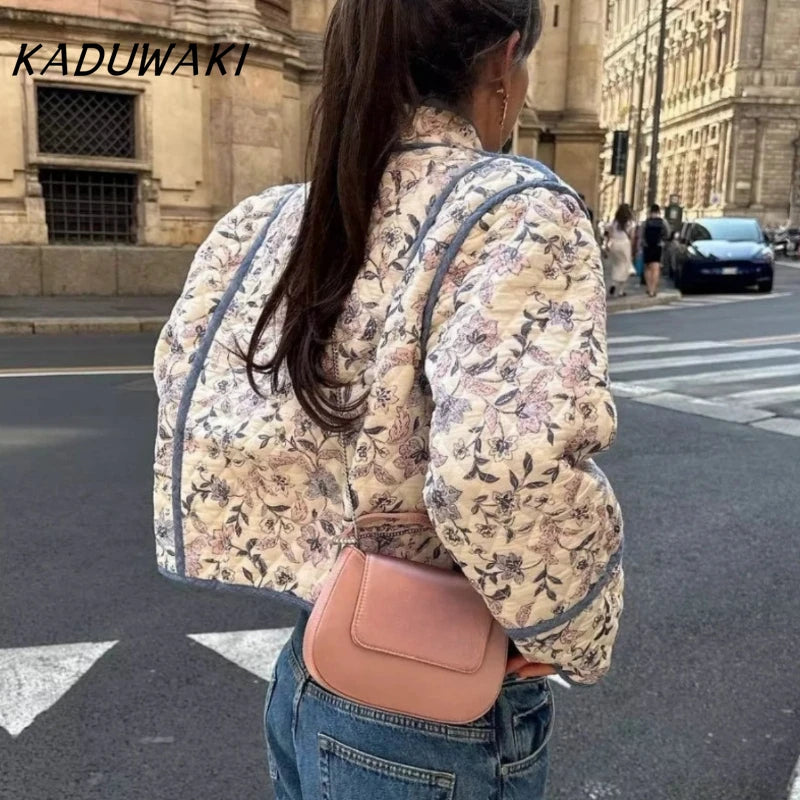 KADUWAKI Fashion Retro Stand-up Collar Long-sleeved Printed Two-sided Wear Quilted Short Cotton Jacket Classic Casual Streetwear