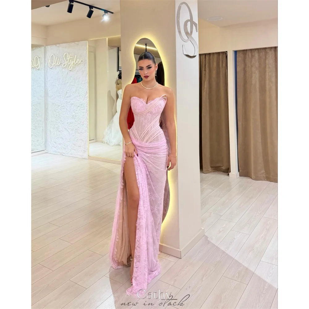 Cathy Customized Pink Floral Lace Mermaid Prom Dress Side High Slit Sleeveless vestidos de noiva Floor-length Evening Dresses