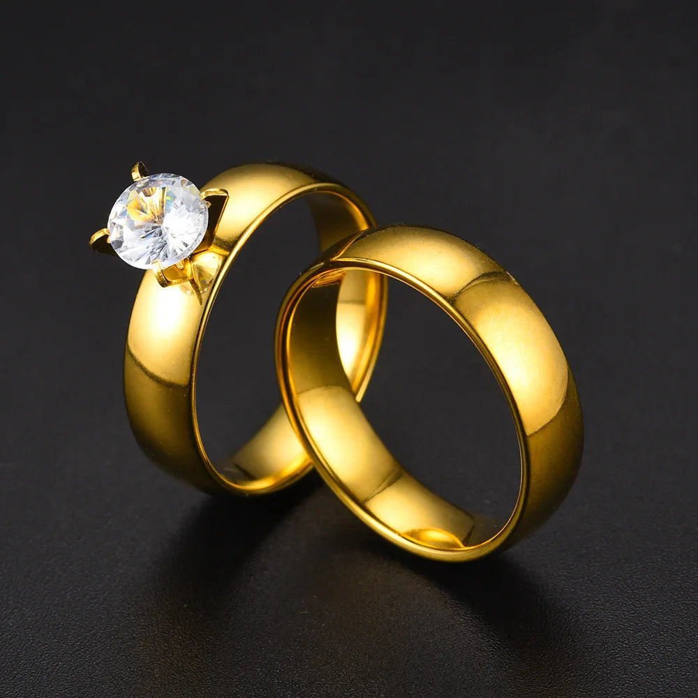New Style Fashion Gold Plated Zircon Stainless Steel Couple Rings For Women Men Engagement Ring Valentine Day Gift Size 6-12