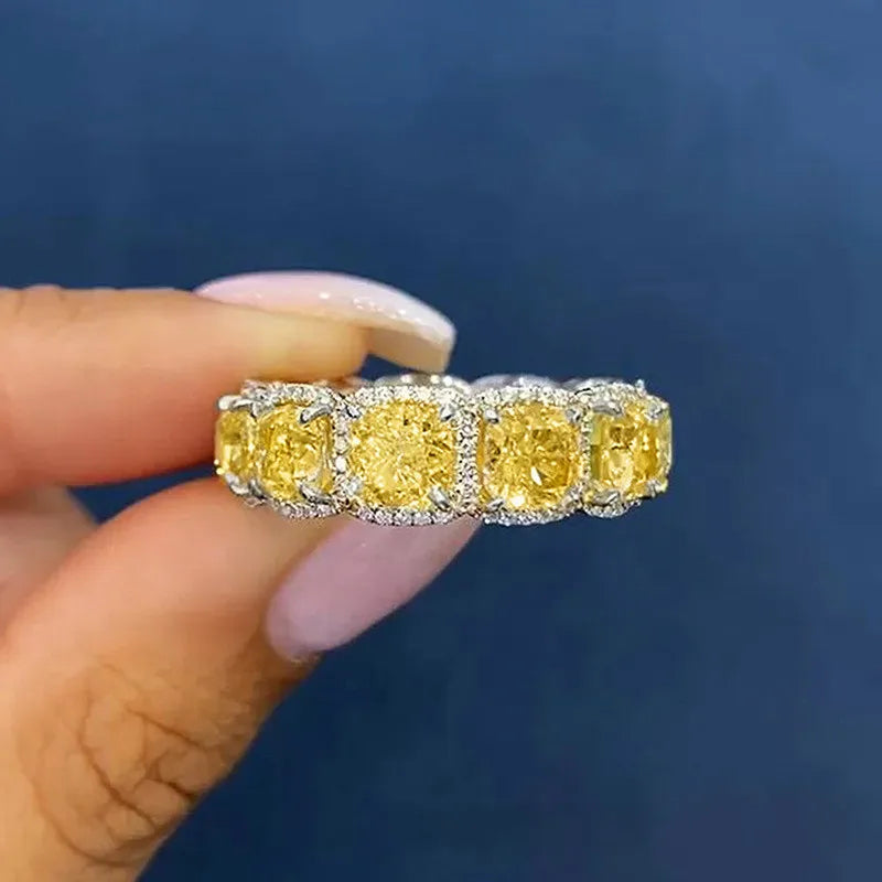925 Sterling Silver Yellow Cubic Zirconia Women Rings Wedding Party Trendy Luxury Female Accessories Statement Jewelry