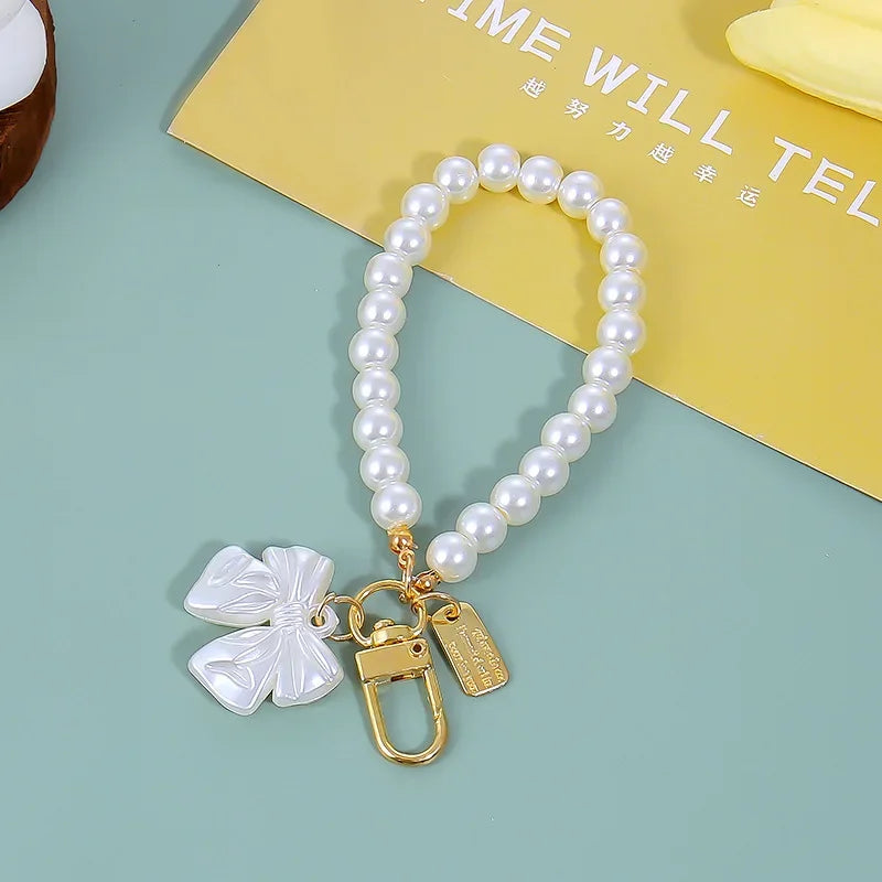Lovely Beaded Bowknot Keychains Elegant Pearl Chain Pendant Women Bag Charms Hanging Ornament DIY Headphone Case Accessories
