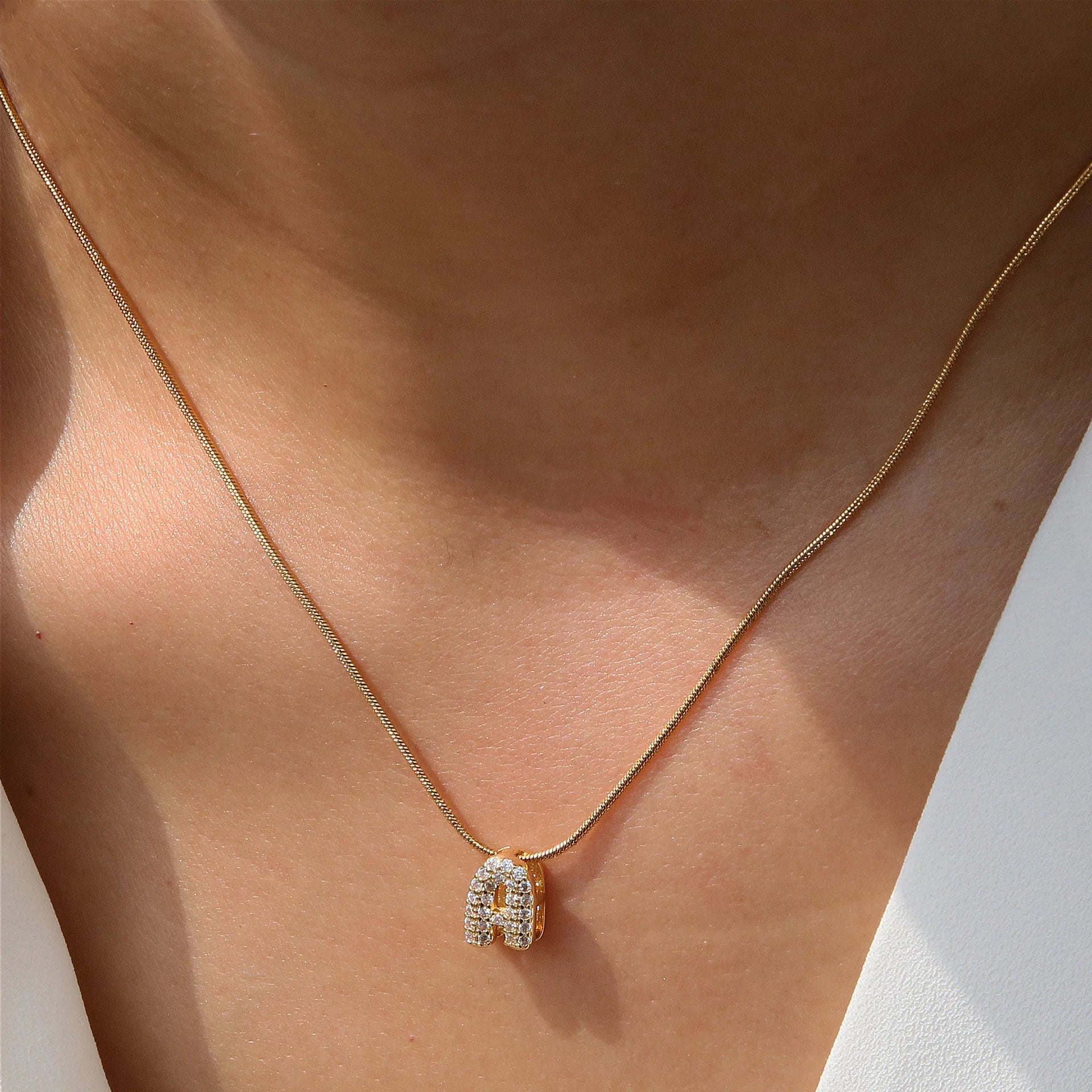 Dainty Zircon Tiny Initial Letter Necklace for Women Gold Plated Stainless Steel Snake Chain Choker Necklaces Alphabet Pendants
