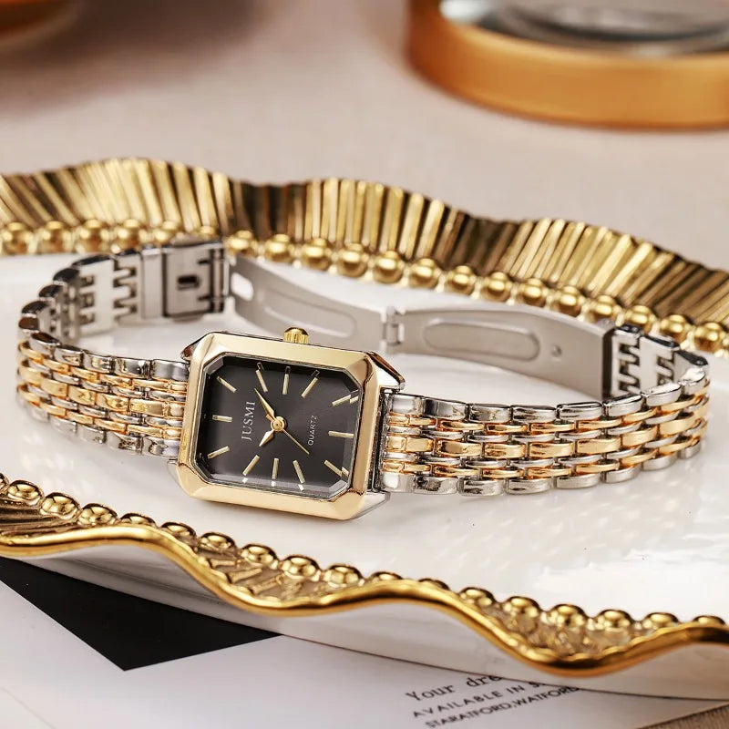 Square women's dual color alloy watch strap with steel strap and quartz watch