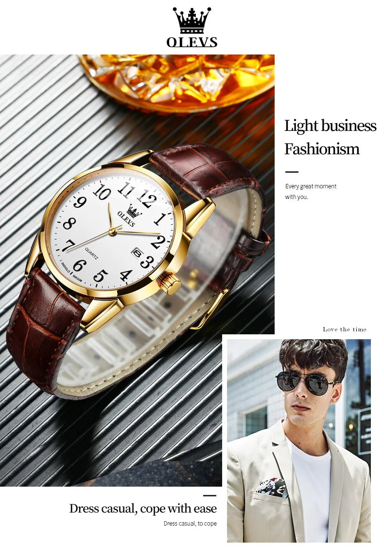 OLEVS 5566 Fashion Quartz Watch for Men and Women Leather Strap Waterproof Original Watch Arabic Numeral Scale Giving to Elders