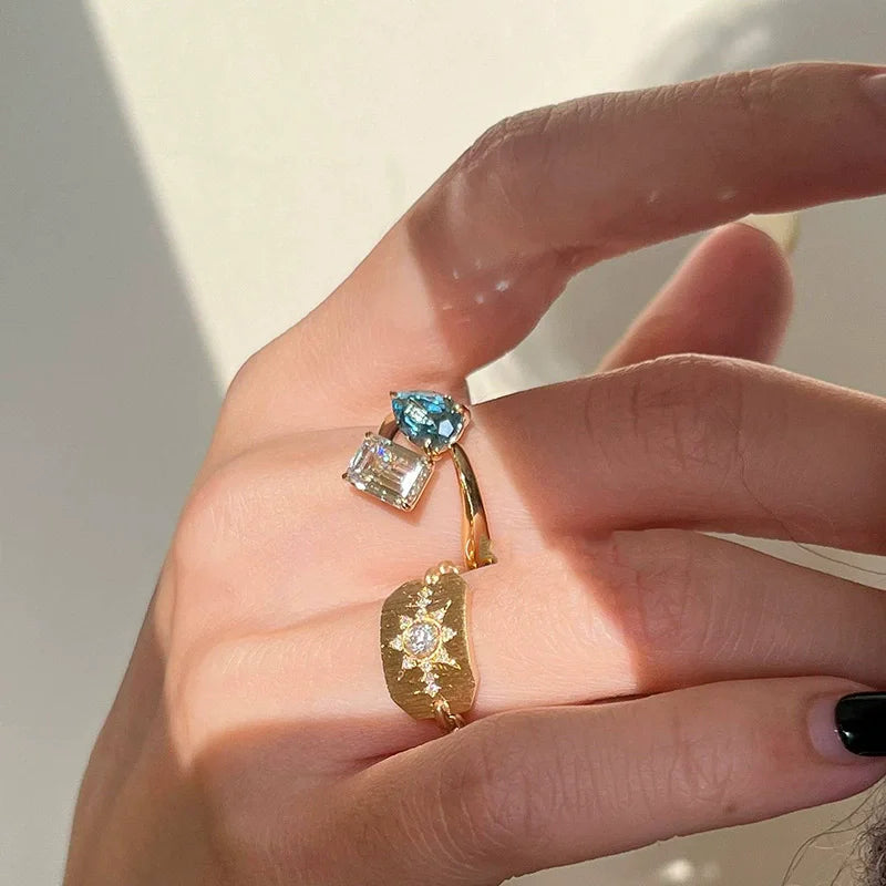 Unique Geometric Blue Zircon Adjustable Finger Rings For Women Fashion New Jewelry Gift Party Holiday anillos mujer