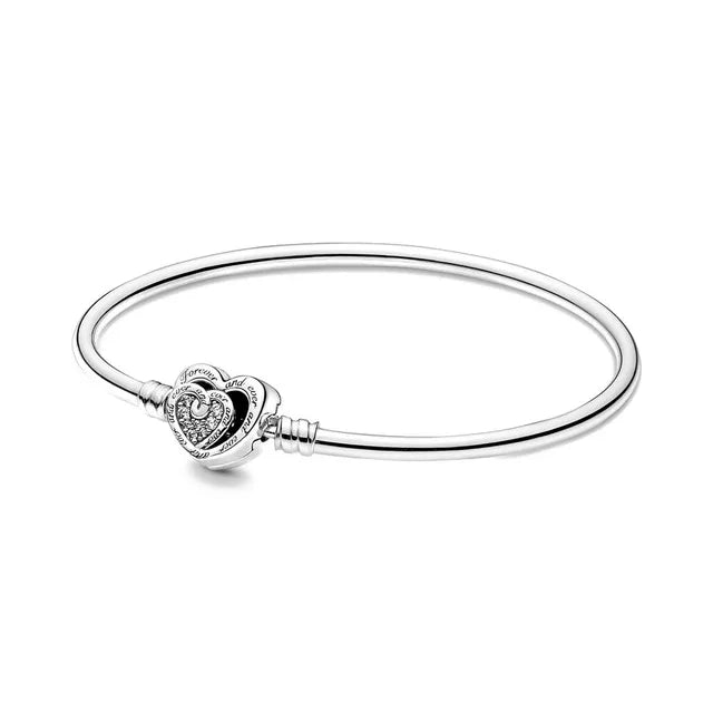925 Silver original 17-21CM Pearl Heart-Shaped Hard Ring Square Buckle Round Bracelet Fit for DIY Mini Birthday Jewelry Gifts