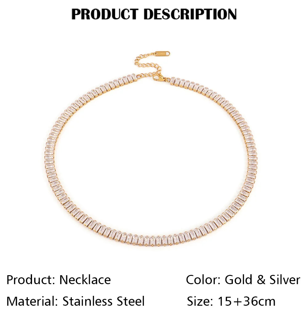 Stainless Steel Necklace Shiny Crystal White Green Cubic Zircon Choker Necklaces For Women Tennis Chain Necklace Jewelry Gift