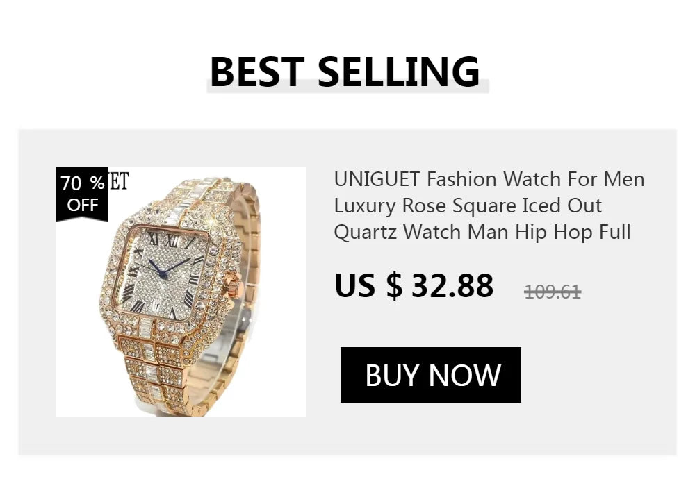 UNIGUET Iced Out Watch For Men Luxury Gold Stainless Steel Quartz Watches Hip Hop Full Diamonds Rectangle AAA Wristwatch Man