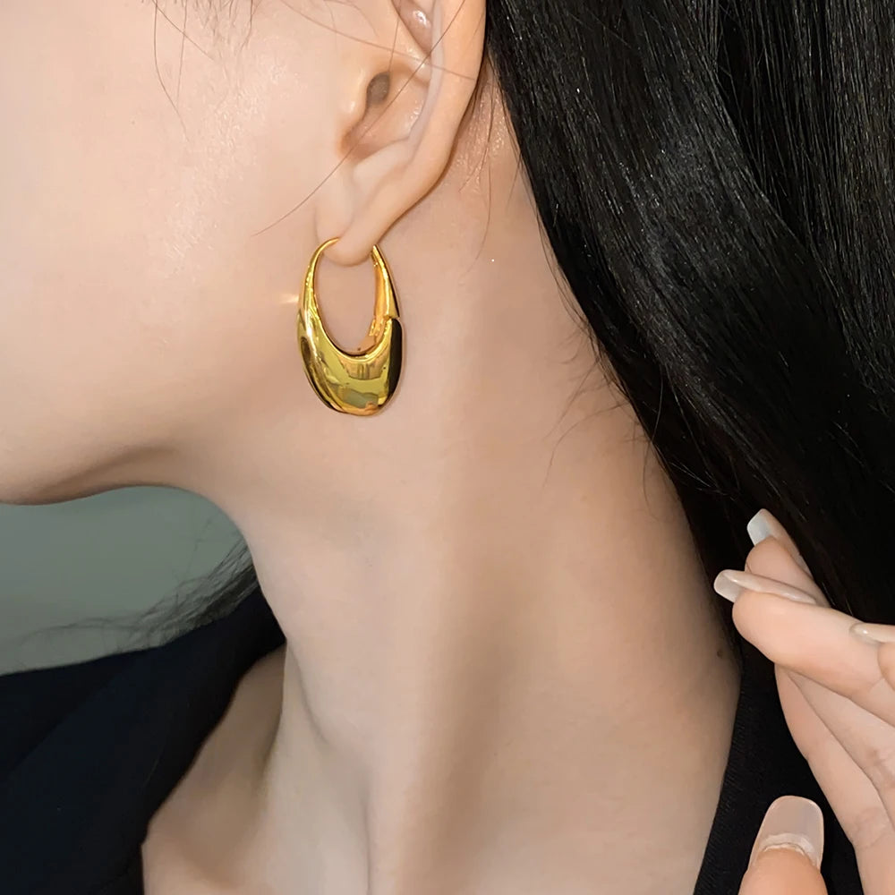 Smooth Metal Chunky Hoop Earrings for Women Girls Fashion Round Elliptic Hollow Circle Hoops Statement Earrings Punk OL Jewelry