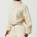 Women's Polar Fleece Zip Hoodie Athletic Loose Fit Crop Top w/ Stand Collar, Thumb Holes & Drawstring Hem for Fall Winter