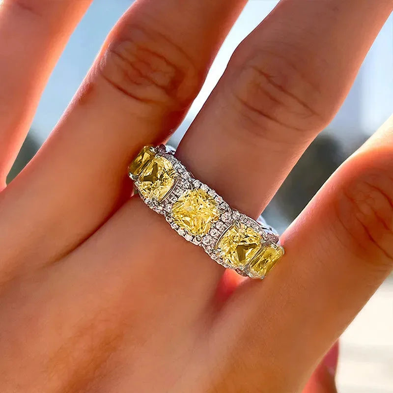 925 Sterling Silver Yellow Cubic Zirconia Women Rings Wedding Party Trendy Luxury Female Accessories Statement Jewelry