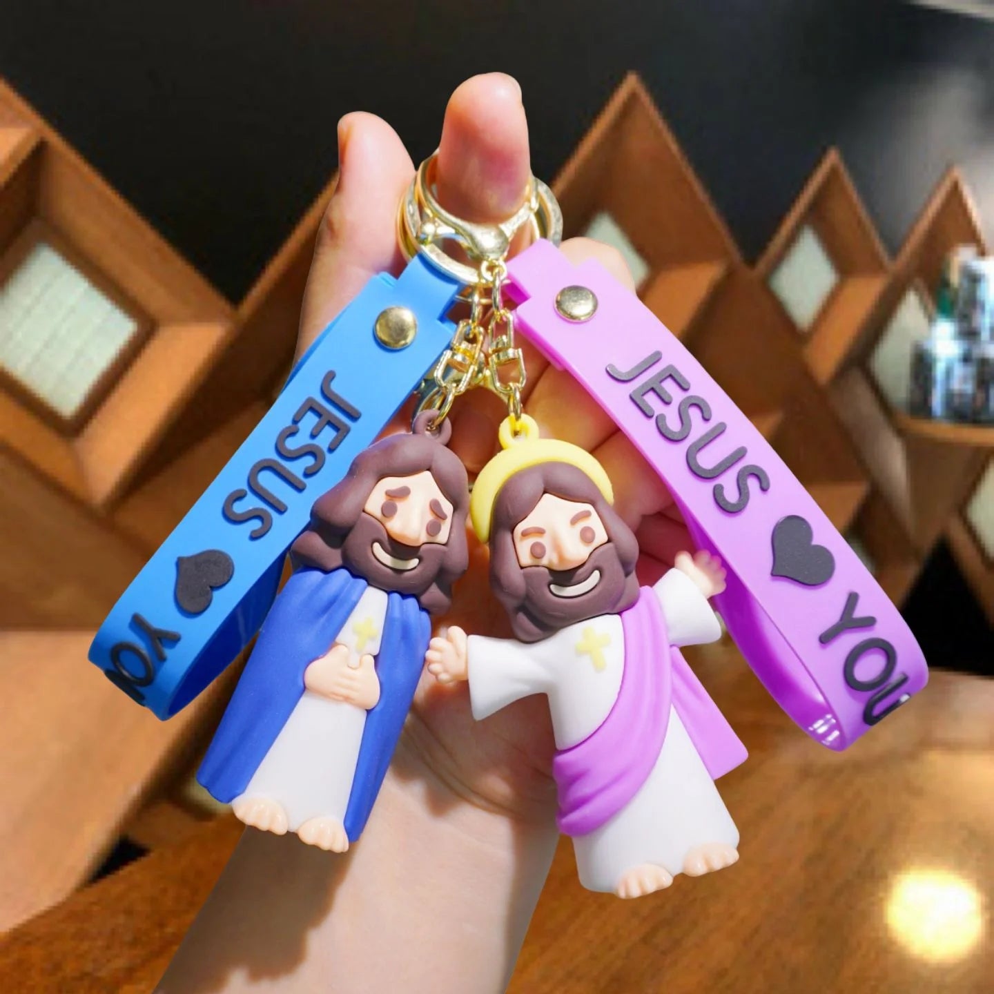 Jesus Cartoon Keychains - Cute Silicone Religious Key Rings with Colorful Straps, Christian Themed Bag/Key Accessories
