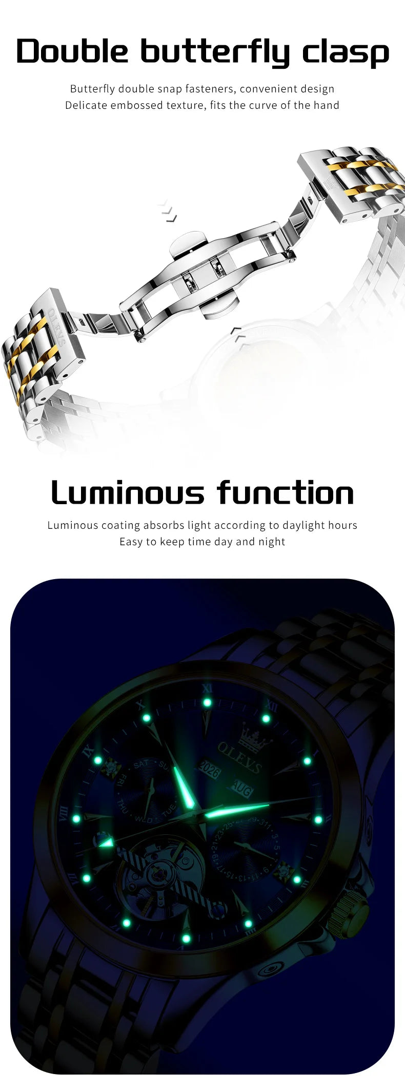 OLEVS Automatic Man Watch Skeleton Flywheel Luxury Original Mechanical Wristwatch Waterproof Stainless Steel  Men's Watches 7091