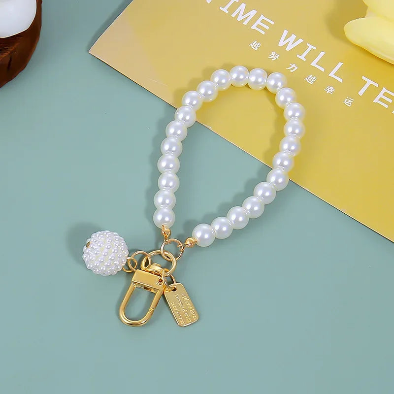 Lovely Beaded Bowknot Keychains Elegant Pearl Chain Pendant Women Bag Charms Hanging Ornament DIY Headphone Case Accessories