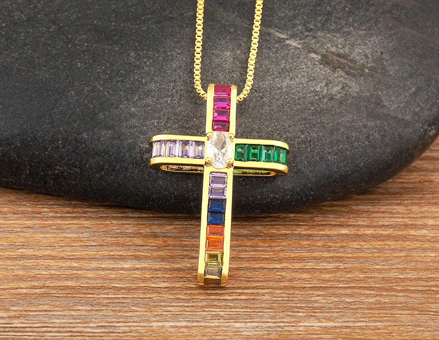AIBEF Fashion Cross Shape Pendant Colorful Rhinestone Women Necklace Copper Zircon Stereoscopic Jewelry Christianity Unisex Gift