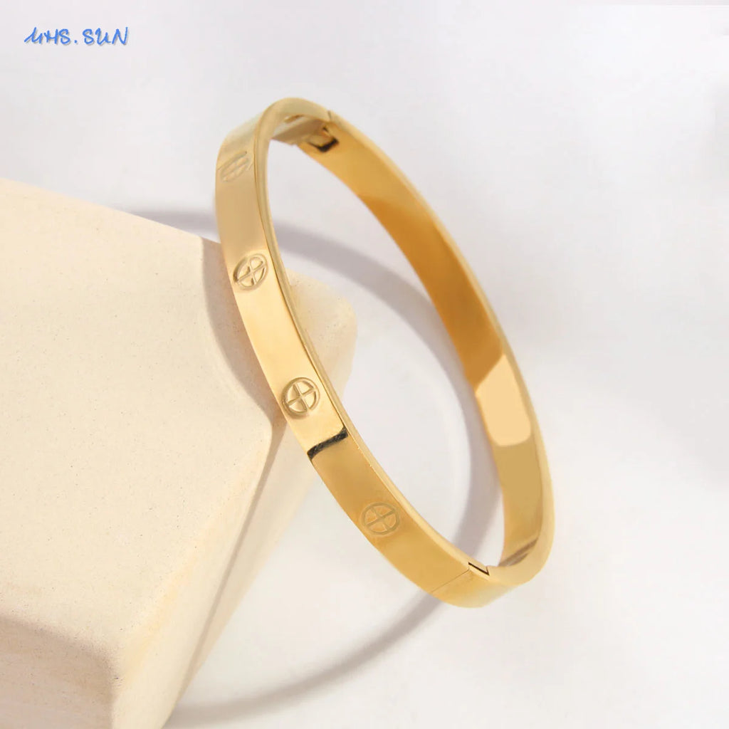 MHS.SUN Simple Cross Stainless Steel Bangle Can Open Bracelet For Women Men Waterproof Gold Color Daily Cuff Jewelry 1PC